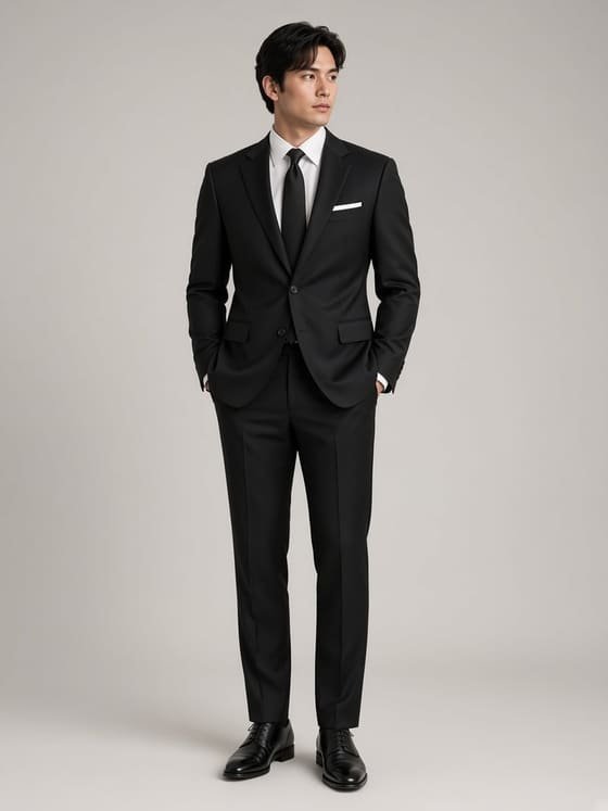 A black suit worn with a white shirt and black tie