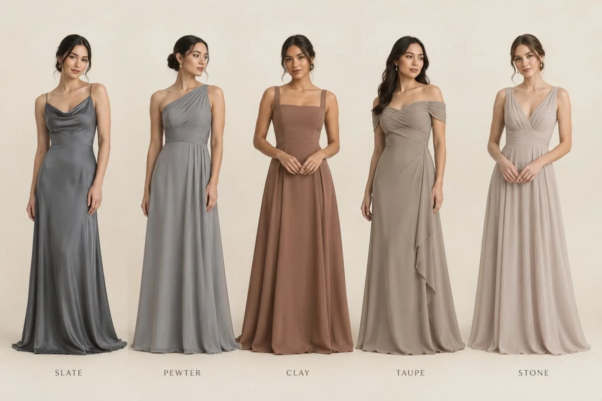 Five long evening dresses in slate, pewter, clay, taupe and stone